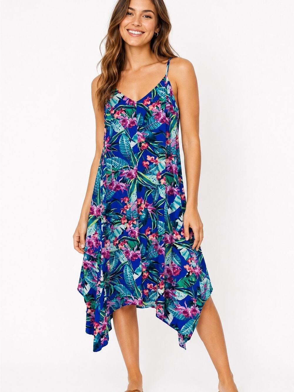 Tommy Bahama Tropical Floral Asymmetrical Slip Dress in Blue & Pink Size Small